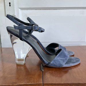 Stuart Weitzman "The One" Suede Slingback Lucite Heels